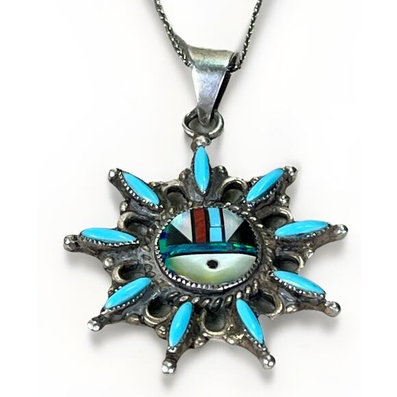 Zuni Sunface Sterling Silver Turquoise Inlay Pendant Necklace VTG Coral Opal Jet - Picture 7 of 16